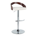 Grotto Contemporary Adjustable Barstool in Chrome Metal, Mahogany Wood and White Faux Leather with Rounded T Footrest — product view