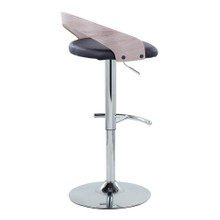 Grotto table in Chrome Metal, Light Grey Wood, Black PU, back and side view, featuring swivel and adjustable height