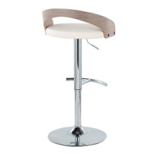 Grotto table in Chrome Metal, Light Grey Wood, White PU, back and side view, featuring swivel and adjustable height
