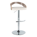 Grotto Contemporary Adjustable Barstool in Chrome Metal, Light Grey Wood, and White Faux Leather with Rounded T Footrest — product view