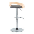 Grotto table in Chrome Metal, Natural Wood, Grey PU, back and side view, featuring swivel and adjustable height