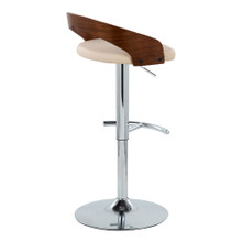 Grotto table in Chrome Metal, Walnut Wood, Cream PU, back and side view, featuring swivel and adjustable height