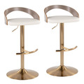 Grotto Contemporary Adjustable Barstool in Gold Metal, Light Grey Wood, and White Faux Leather with Rounded T Footrest- Set of 2 — pair view