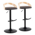 Grotto Contemporary Adjustable Barstool with Swivel in Black Metal, Natural Wood and Brown Faux Leather with Rounded T Footrest- Set of 2 — pair view