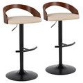 Grotto Contemporary Adjustable Barstool with Swivel in Black Metal, Walnut Wood and Cream Faux Leather with Rounded T Footrest- Set of 2 — pair view