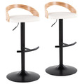 Grotto Contemporary Adjustable Barstool with Swivel in Black Metal, Zebra Wood and White Faux Leather with Rounded T Footrest- Set of 2 — pair view