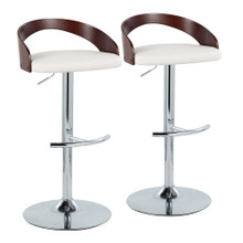 Grotto Contemporary Adjustable Barstool with Swivel in Chrome Metal, Mahogany Wood and White Faux Leather with Rounded T Footrest- Set of 2 — pair view