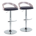 Grotto Contemporary Adjustable Barstool with Swivel in Chrome Metal, Light Grey Wood and Black Faux Leather with Rounded T Footrest- Set of 2 — pair view