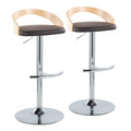 Grotto Contemporary Adjustable Barstool with Swivel in Chrome Metal, Natural Wood and Brown Faux Leather with Rounded T Footrest- Set of 2 — pair view