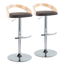 Grotto Contemporary Adjustable Barstool with Swivel in Chrome Metal, Natural Wood and Brown Faux Leather with Rounded T Footrest- Set of 2 — pair view