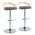 Grotto Contemporary Adjustable Barstool with Swivel in Chrome Metal, Natural Wood and Grey Faux Leather with Rounded T Footrest- Set of 2 — pair view