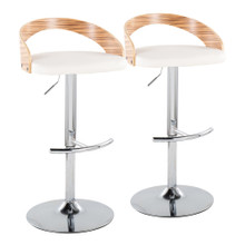 Grotto Contemporary Adjustable Barstool with Swivel in Chrome Metal, Zebra Wood and White Faux Leather with Rounded T Footrest- Set of 2 — pair view