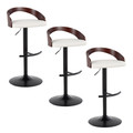 Grotto Contemporary Adjustable Barstool with Swivel in Black Metal, Mahogany Wood and White Faux Leather with Rounded T Footrest- Set of 3 — pair view