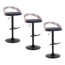 Grotto Contemporary Adjustable Barstool with Swivel in Black Metal, Light Grey Wood and Black Faux Leather with Rounded T Footrest- Set of 3 — pair view