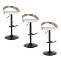 Grotto Contemporary Adjustable Barstool with Swivel in Black Metal, Light Grey Wood, and White Faux Leather with Rounded T Footrest- Set of 3 — pair view