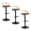 Grotto Contemporary Adjustable Barstool with Swivel in Black Metal, Natural Wood and Grey Faux Leather with Rounded T Footrest- Set of 3 — pair view