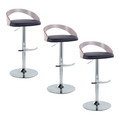 Grotto Contemporary Adjustable Barstool with Swivel in Chrome Metal, Light Grey Wood and Black Faux Leather with Rounded T Footrest- Set of 3 — pair view