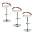 Grotto Contemporary Adjustable Barstool with Swivel in Chrome Metal, Light Grey Wood, and White Faux Leather with Rounded T Footrest- Set of 3 — pair view