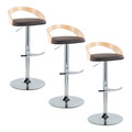 Grotto Contemporary Adjustable Barstool with Swivel in Chrome Metal, Natural Wood and Brown Faux Leather with Rounded T Footrest- Set of 3 — pair view