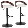 Grotto Contemporary Adjustable Barstool with Swivel in Black Metal, Mahogany Wood and White Faux Leather with Straight T Footrest- Set of 2 — pair view
