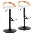 Grotto Contemporary Adjustable Barstool with Swivel in Black Metal, Zebra Wood and White Faux Leather with Straight T Footrest- Set of 2 — pair view