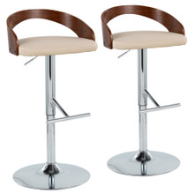Grotto Mid-Century Modern Adjustable Barstool with Swivel in Chrome Metal, Walnut Wood and Cream Faux Leather with Straight T Footrest- Set of 2 — pair view