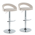 Grotto Upholstered Contemporary Adjustable Barstool in Chrome Metal and Oat Noise Fabric with Rounded T Footrest- Set of 2 — pair view