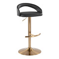 Grotto Upholstered Contemporary Adjustable Barstool in Gold Metal and Black Faux Leather with Rounded T Footrest — product view
