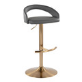 Grotto Upholstered Contemporary Adjustable Barstool in Gold Metal and Grey Faux Leather with Rounded T Footrest — product view