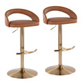 Grotto Upholstered Contemporary Adjustable Barstool in Gold Metal and Camel Faux Leather with Rounded T Footrest- Set of 2 — pair view