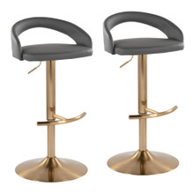 Grotto Upholstered Contemporary Adjustable Barstool in Gold Metal and Grey Faux Leather with Rounded T Footrest- Set of 2 — pair view