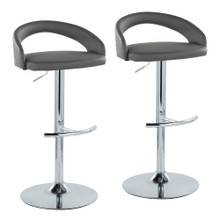 Grotto Upholstered Contemporary Adjustable Barstool in Chrome Metal and Grey Faux Leather with Rounded T Footrest- Set of 2 — pair view