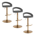 Grotto Upholstered Contemporary Adjustable Barstool in Gold Metal and Grey Faux Leather with Rounded T Footrest- Set of 3 — pair view