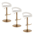Grotto Upholstered Contemporary Adjustable Barstool in Gold Metal and White Faux Leather with Rounded T Footrest- Set of 3 — pair view