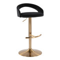 Grotto Upholstered Contemporary Adjustable Barstool in Gold Metal and Black Velvet with Rounded T Footrest — product view