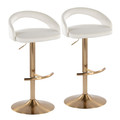 Grotto Upholstered Contemporary Adjustable Barstool in Gold Metal and White Velvet with Rounded T Footrest- Set of 2 — pair view