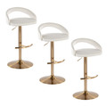 Grotto Upholstered Contemporary Adjustable Barstool in Gold Metal and White Velvet with Rounded T Footrest- Set of 3 — pair view