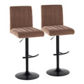 Hank Contemporary Adjustable Barstool in Black Metal and Brown Fabric with Rounded T Footrest- Set of 2 — pair view (photo 1)