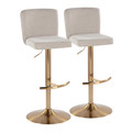 Henry Contemporary Adjustable Barstool with Swivel in Gold Metal and Beige Fabric with Rounded T Footrest- Set of 2 — pair view