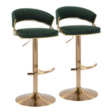 Jie Contemporary Adjustable Barstool with Swivel in Gold Metal and Green Velvet with Rounded T Footrest- Set of 2 — pair view