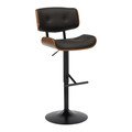 Lombardi Mid-Century Modern Adjustable Barstool with Swivel in Black Metal, Walnut Wood and Espresso Faux Leather with Straight T Footrest — product view