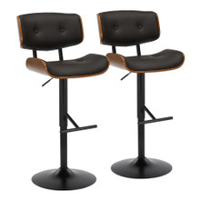 Lombardi Mid-Century Modern Adjustable Barstool with Swivel in Black Metal, Walnut Wood and Espresso Faux Leather with Straight T Footrest- Set of 2 — pair view
