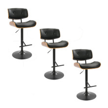 Lombardi Mid-Century Modern Adjustable Barstool with Swiviel in Black Metal, Walnut Wood and Black Faux Leather with Straight T Footrest- Set of 3 — pair view