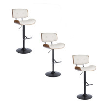 Lombardi Mid-Century Modern Adjustable Barstool with Swiviel in Black Metal, Walnut Wood and Cream Faux Leather with Straight T Footrest- Set of 3 — pair view