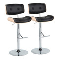 Lombardi Contemporary Adjustable Barstool with Swivel in Chrome Metal, Natural Wood and Black Faux Leather with Straight T Footrest- Set of 2 — pair view
