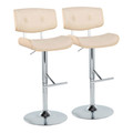 Lombardi Contemporary Adjustable Barstool with Swivel in Chrome Metal, Natural Wood and Cream Faux Leather with Straight T Footrest- Set of 2 — pair view
