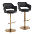 Margarite Contemporary Adjustable Barstool with Swivel in Gold Metal and Black Faux Leather with Rounded T Footrest- Set of 2 — pair view