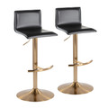 Mara Contemporary Adjustable Barstool with Swivel in Gold Metal and Black Faux Leather with Rounded T Footrest- Set of 2 — pair view