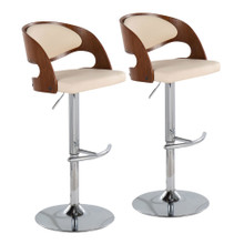 Pino Mid-Century Modern Adjustable Barstool with Swivel in Chrome Metal, Walnut Wood and Cream Faux Leather with Rounded T Footrest- Set of 2 — pair view