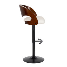 Pino table in Black Metal, Mahogany Wood, White PU, side view, featuring swivel and upholstered seat